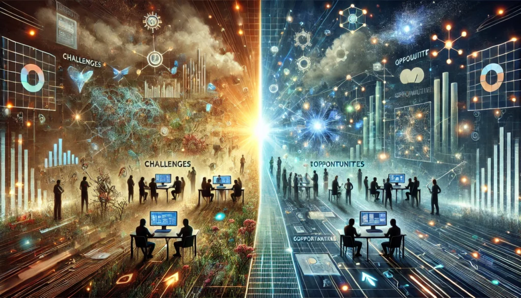 Search in 2026: Preparing for AI-Driven Search Engines 4 A conceptual depiction of the challenges and opportunities in AI-driven search. The scene features a futuristic digital landscape split into two contr