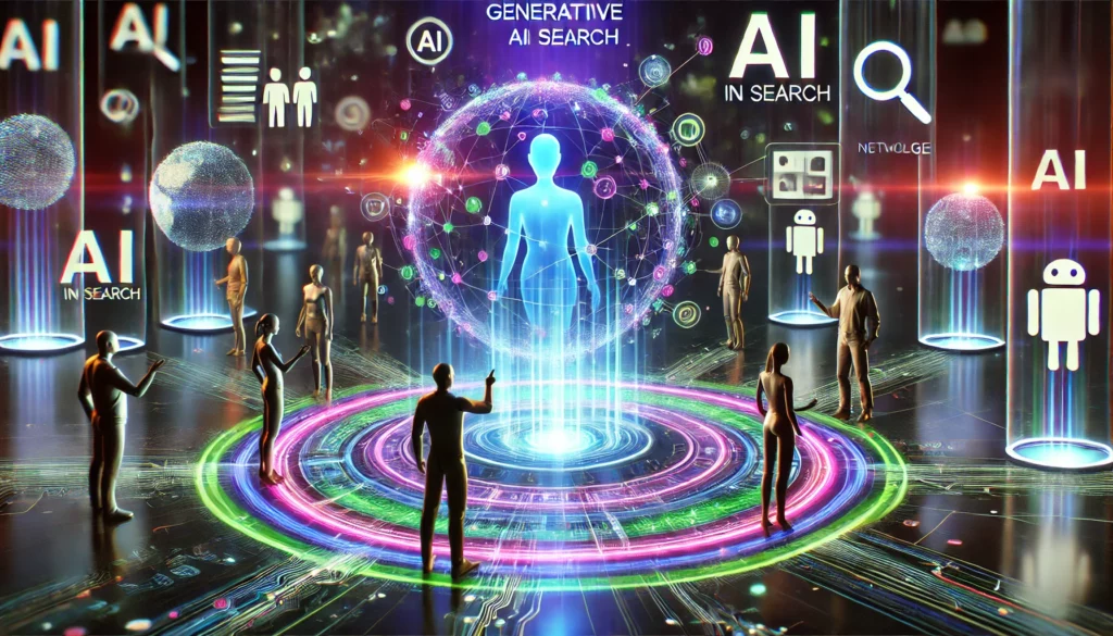 Search in 2026: Preparing for AI-Driven Search Engines 2 A conceptual illustration of generative AI in search, showcasing an AI-powered interface creating content dynamically. The scene includes human figure