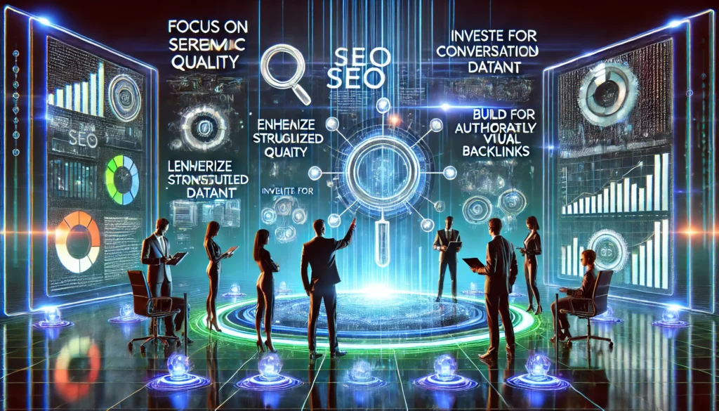 Search in 2026: Preparing for AI-Driven Search Engines 3 A futuristic illustration defining strategies to optimize for AI-driven search engines, incorporating specific focus areas. The scene features a digit