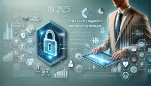 A modern and professional banner image illustrating data privacy regulations and marketing strategies in 2025. The image features a futuristic digital