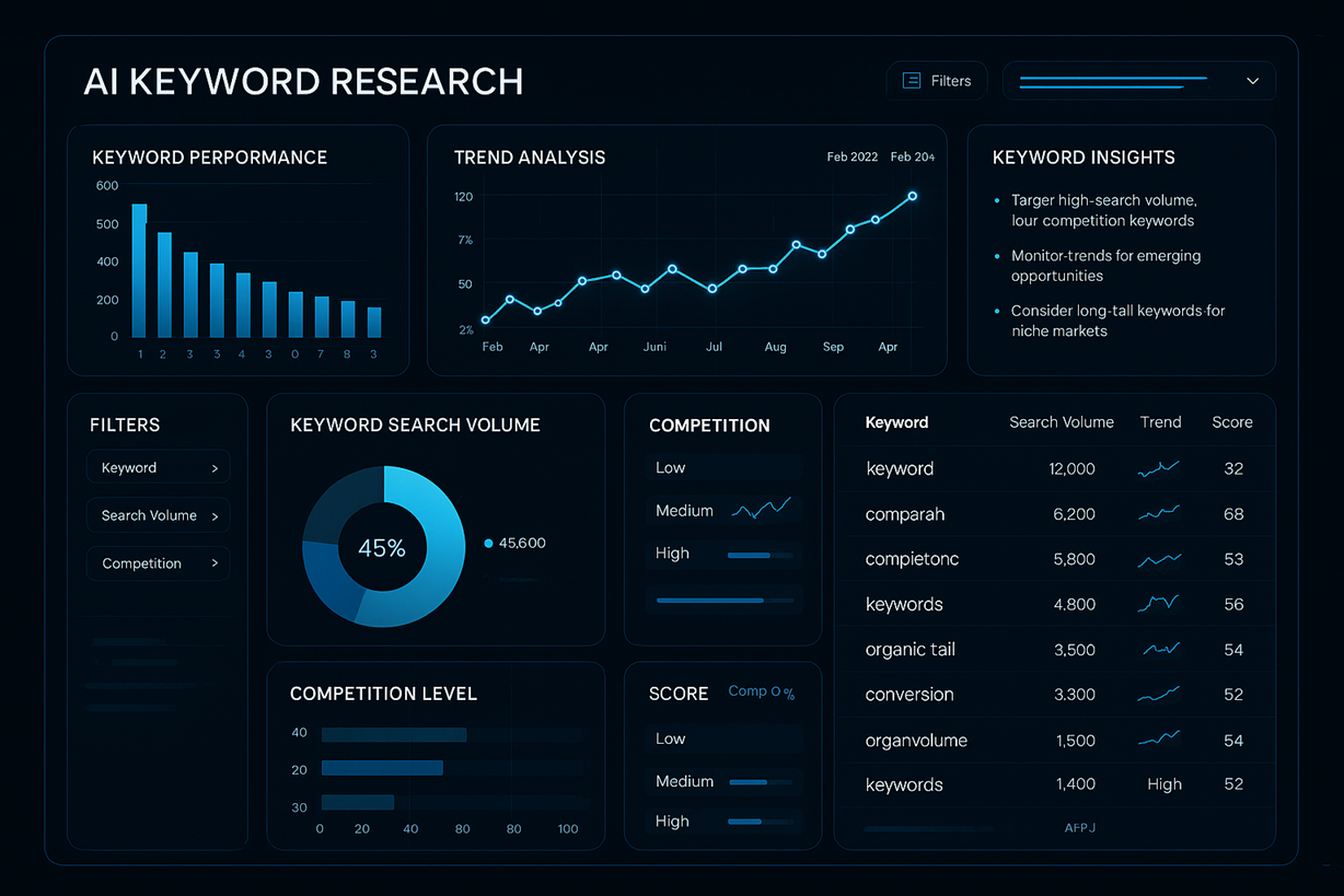 How to Use AI for a Smarter SEO Strategy: A Step-by-Step Tutorial 2 AI-powered keyword research dashboard with analytics and data visualization